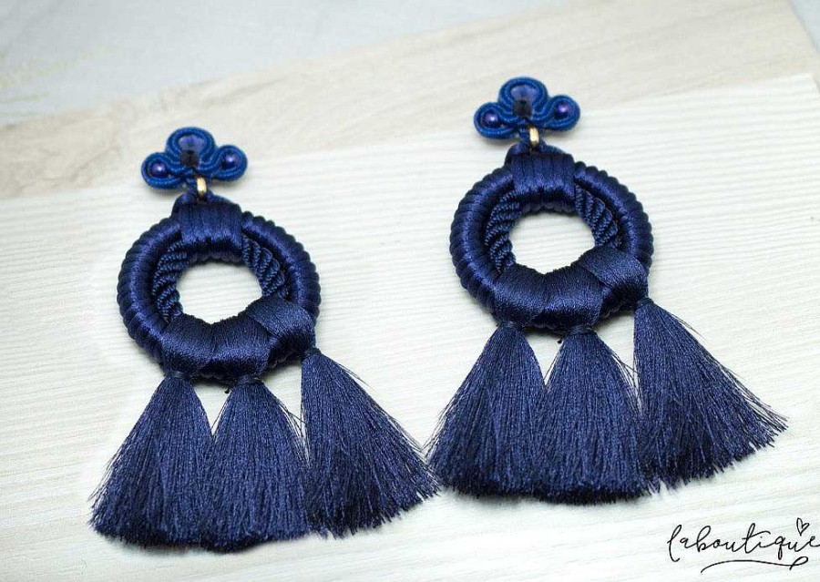 New Maxi Aretes - Aro Tejido Y Borlas Azul