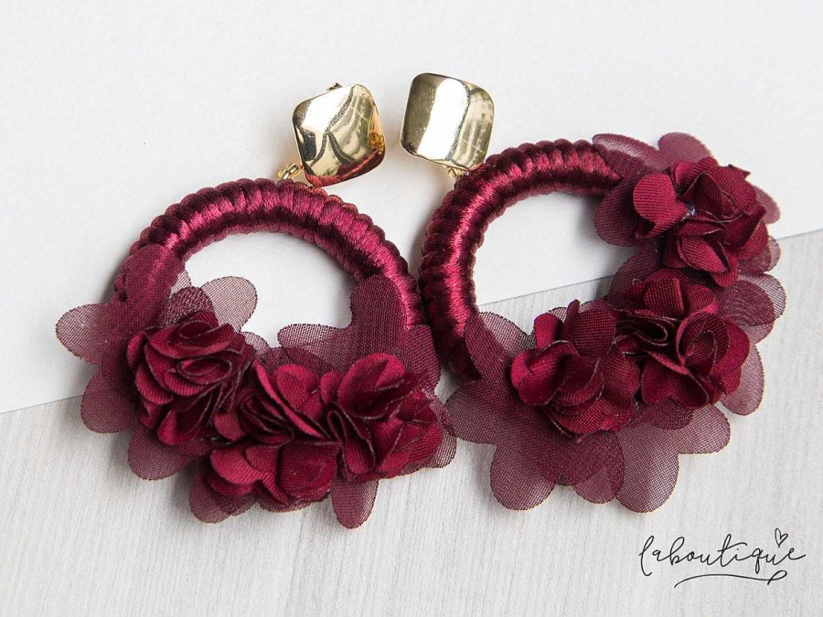 Clearance Maxi Aretes - Alexia Argolla Floral Rojo Vino