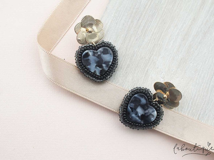 Clearance Maxi Aretes - Coraz N Acr Lico Negro Con Flor