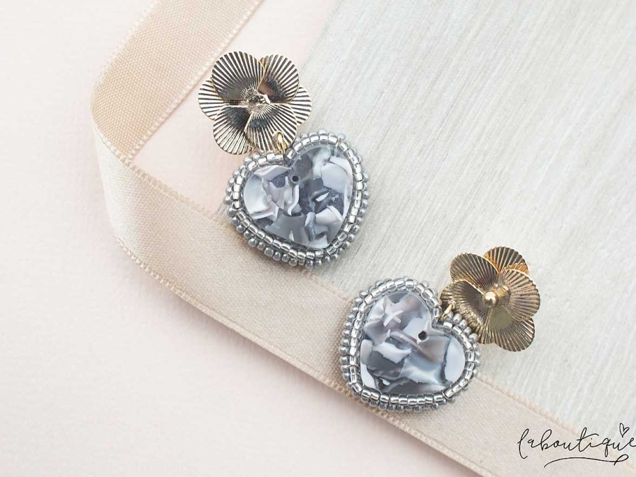 Clearance Maxi Aretes - Coraz N Acr Lico Gris Con Flor