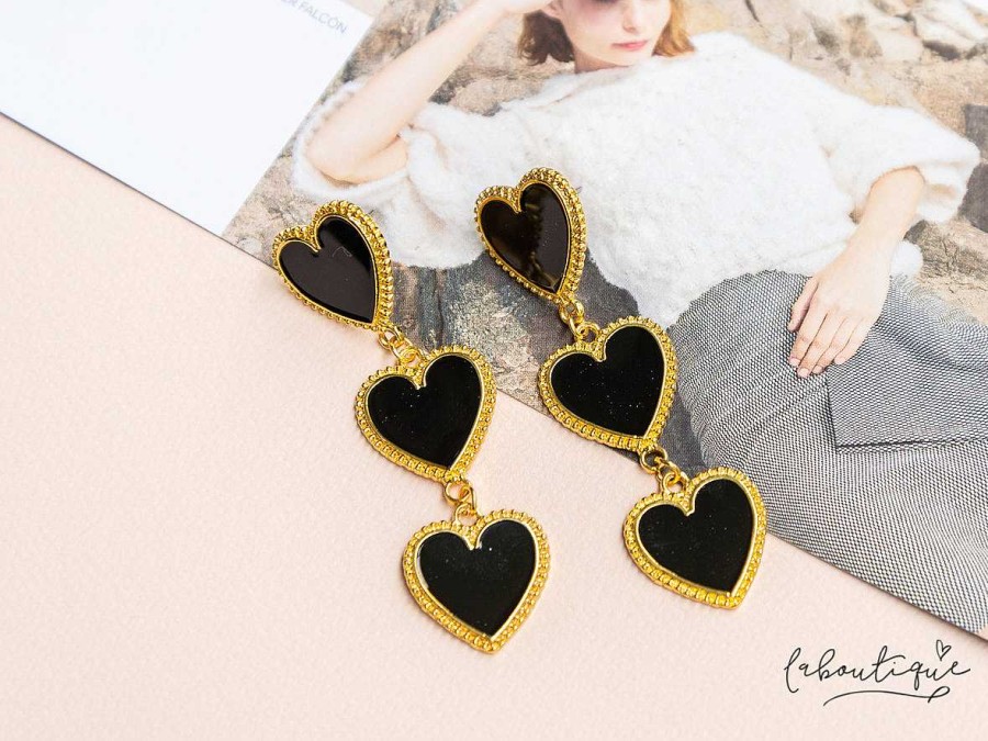 New Maxi Aretes - Corazones Negros Colgantes