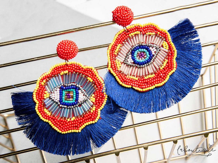 Wholesale Maxi Aretes - Rojos Ojos Turcos Flecos Azules