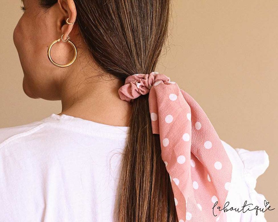 New Collets - Scrunchie Lazo Rosado Puntos Blancos