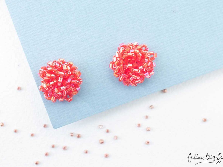 Wholesale Maxi Aretes - Pompon De Mostacillas Coral Brillante